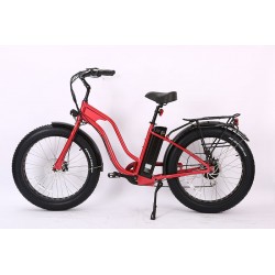 Metal Flake Red Ion Fat Tire Step Thru Electric Bike 180mm Disc Brakes with Safety Motor Shut-Off.