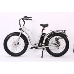 Silver Ion Fat Tire Step Thru Electric Bike 180mm Disc Brakes with Safety Motor Shut-Off.